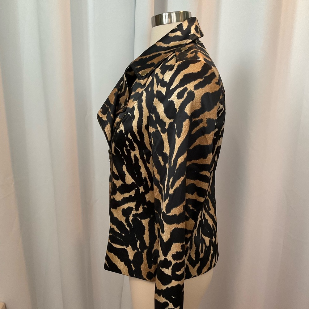Muse Boston Proper Black Tan Animal Tiger Print Moto Jacket Women Size 12 - Picture 3 of 8
